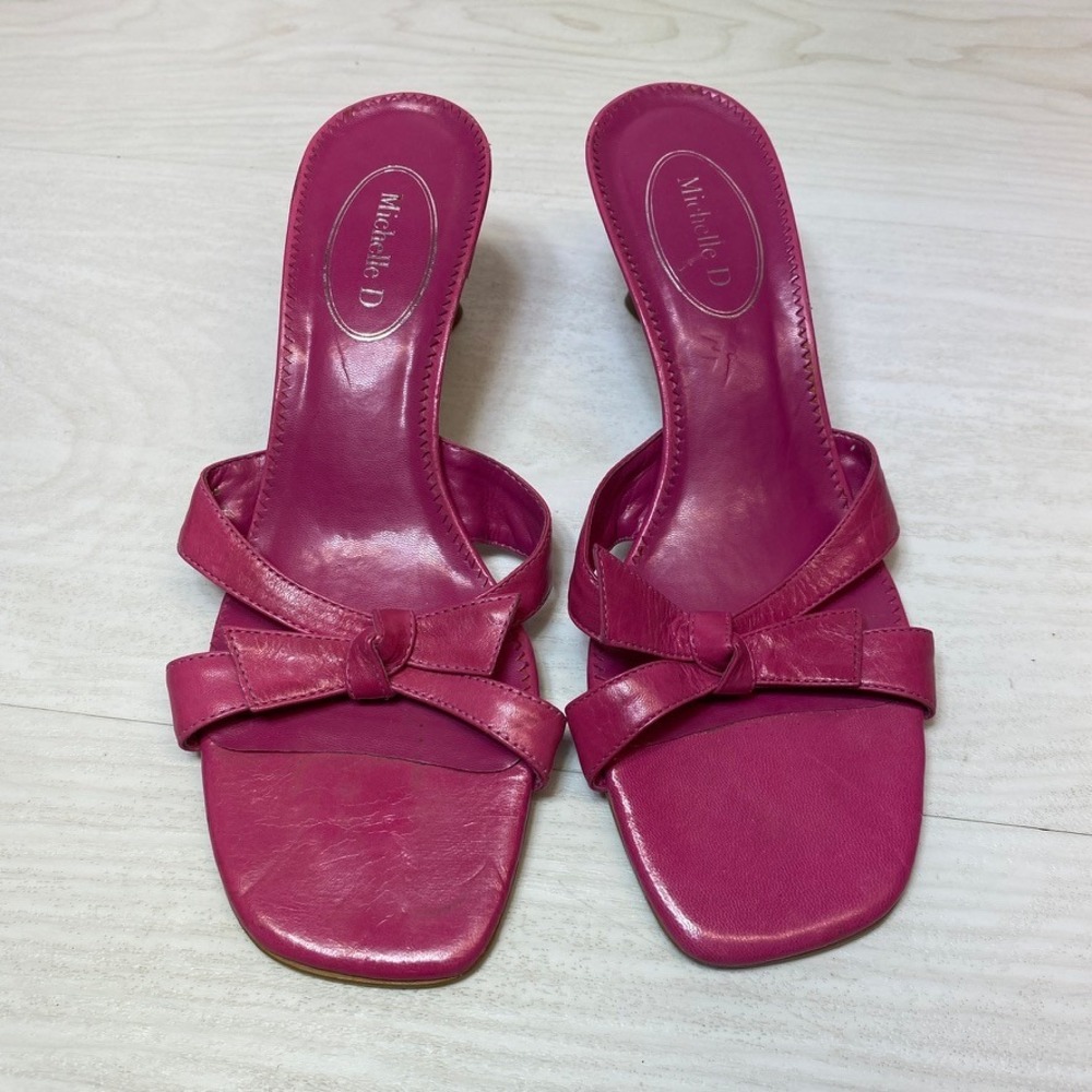 Michelle D Womens 7.5M Sandals Kitten Heel Square Toe Pink Leather Bow Slide Y2K